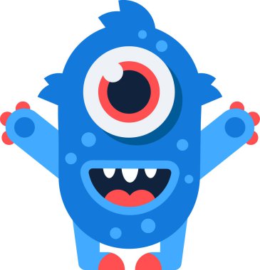 Arkadaş canlısı, gülümseyen, mavi gözlü bir canavarın çizgi film çizimi. Çocuk kitapları, oyunlar ya da kaprisli bir dokunuşa ihtiyaç duyan her proje için mükemmel..