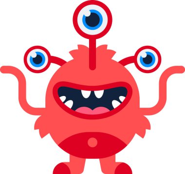 Üç gözü ve dokunaçlı kolları olan sevimli kırmızı canavar, gülümseyen ve şakacı, çocuk ürünleri ve tuhaf projeler için mükemmel.