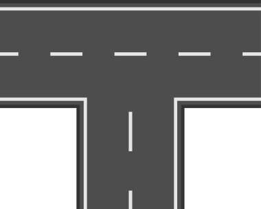 T biçimli yol kesişim işareti, asfalt karayolu beyaz ayrım çizgileri bir yol ayrımı yaratıyor, seçenekleri, yönleri ve yolculukları simgeliyor.