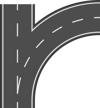 Dönemeçte düz asfalt yüzeyinde belirgin şerit çizgileri var. Yön ve hareket hissi yaratıyor.