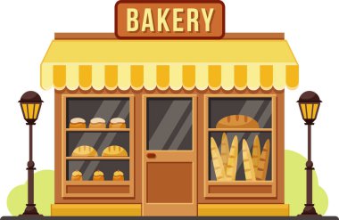 Küçük işletme pastanesi vitrininde ekmek, pasta ve baget sergilenen ön cephe, sarı tente ve sokak lambaları