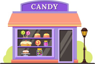 Renkli çizgi film dükkanının dış tarafında pastalar, lolipoplar ve vitrinlerde şeker kavanozları, sokak lambaları ve yan tarafında yeşil çalılar var.