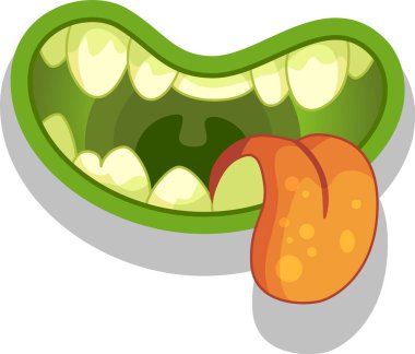 Keskin dişleri ve uzun turuncu bir dili olan korkunç yeşil canavar ağzının karikatür çizimi. Cadılar Bayramı projeleri için ideal.