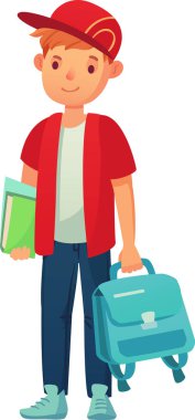 Heyecanlı öğrenci kitap ve sırt çantasıyla okul gününe hazır, kırmızı şapkalı ve gülümseyen..