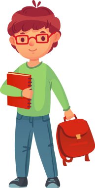 Gözlüklü neşeli öğrenci, öğrenme ve akademik takip ruhunu somutlaştıran bir defter ve sırt çantası tutuyor..