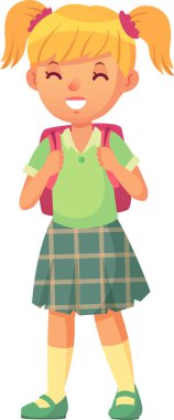 Okulun ilk günü için renkli çantalı heyecanlı kız öğrenci, mutluluk ve neşe saçıyor..