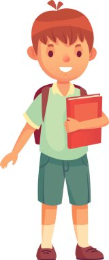 Elinde kitap tutan ve sırt çantası takan neşeli okul çocuğu okuldaki ilk günü için hazır. Öğrenmeye ve yeni arkadaşlar edinmeye istekli.