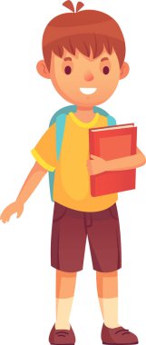 Kitap taşıyan ve sırt çantası takan mutlu bir ilkokul öğrencisi okula, eğitime ve okula geri dönüyor..