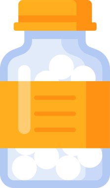 Turuncu etiketli beyaz yuvarlak haplar içeren cam ilaç şişesi, sağlık, ilaç ve tıbbi tedaviyi temsil ediyor.