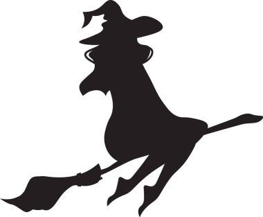 Black silhouette of a witch wearing a pointy hat and flying on a broomstick, ideal for halloween celebrations and spooky designs clipart