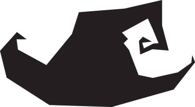 Bukleli bir elf ayakkabısını temsil eden basit bir siyah vektör grafiği. Beyaz bir arka planda izole edilmiş Noel kutlamalarını ve tatil neşesini simgeliyor.