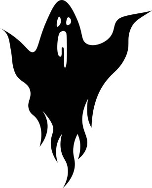 Açık ağızlı, dalgalı popolu, beyaz arka planda yüzen, ürkütücü ve gizemli bir atmosfer yaratan, şekillendirilmiş siyah bir hayalet tasviri.