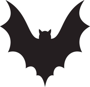 Kanatları açık uçan bir kara yarasa siluetinin stilize edilmiş vektör çizimi Cadılar Bayramı projeleri için mükemmel ürkütücü ve gizemli bir atmosfer yaratıyor.