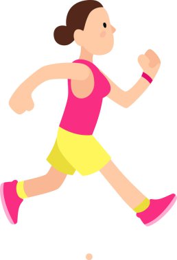 Pembe ve sarı spor giysiler içinde koşan genç bir kadın, sağlıklı yaşam tarzını, uygunluğunu ve sağlığını fiziksel aktivitelerle destekliyor.