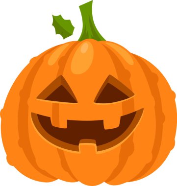 Cadılar bayramı balkabağı neşeli oyulmuş bir yüz, üçgen gözler ve geniş dişli bir sırıtış, yeşil bir gövde ve yaprak ile tamamlanmış