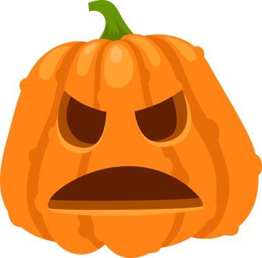 Beyaz arka planda izole edilmiş kızgın ifadeler sergileyen ürkütücü gözleri ve ağzı olan turuncu cadılar bayramı balkabağı.