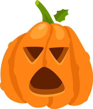 Üçgen gözlü ve geniş ağızlı oyulmuş balkabağı, korkmuş bir ifadeyi gösteriyor, yeşil saplı ve yapraklı, cadılar bayramı dekorasyonu için beyaz arka planda izole edilmiş.