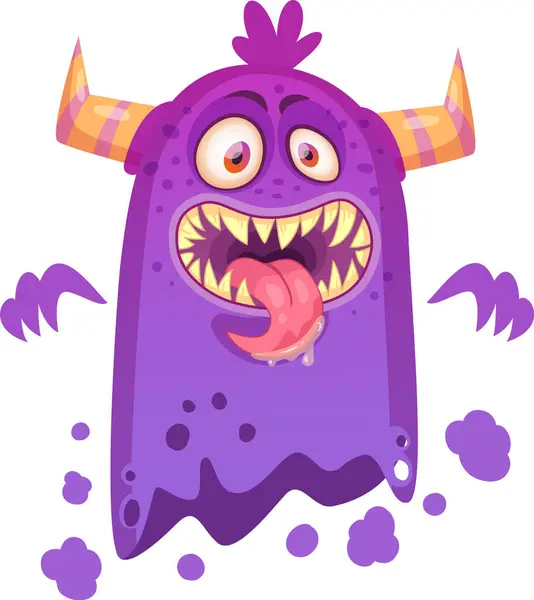 Funny purple cartoon monster sticking its tongue out, showing sharp teeth and open mouth, with orange and yellow horns and purple spots, ideal for halloween projects — Illustration Funny Purple Cartoon Monster Sticking Its Tongue Out Showing Sharp — Stock Vector