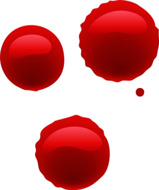 Three dripping, glossy red blood drops splattered on a white background create a dramatic and unsettling scene, evoking themes of injury, violence, or medical concepts clipart