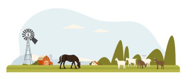 Çiftlik hayvanları, at ve keçiler yeşil alanda otluyor. Ahır, yel değirmeni ve arka planda tepeler. Tarım ya da eko-temalı tasarımlar için kırsal alan. Düz vektör illüstrasyonu.
