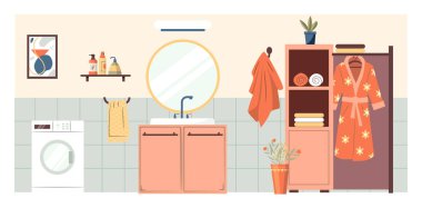 Functional bathroom interior with sink, round mirror, towels and bathrobe, washing machine and storage shelves. Design for home decor, lifestyle blogging or cleaning services. Vector illustration clipart