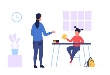 Evde eğitim sahnesi karantina sırasında genç bir öğrenciye ders açıklayan bir resim. Eğitim, öğrenme ve akıl hocalığı. Düz vektör illüstrasyonu.