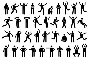 Yapışkan ikonlar. Çubuk şekilli siyah siluetler çeşitli pozlar ve jestler gösteriyor, koşuyor, meditasyon yapıyor ve zıplıyor. Bilgi grafikleri, tasarım ve uygulama arayüzleri için ideal. Minimalist vektör illüstrasyonu.