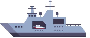 Modern savaş gemisi gövdesinde daha küçük bir tekne barındırıyor, deniz kuvvetlerini temsil ediyor, deniz güvenliğini arttırıyor ve gelişmiş stratejik yerleşim yetenekleri gösteriyor.