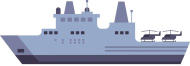 İki helikopter taşıyan modern savaş gemisi, güç ve güvenliği vurgulayan gösterişli ve minimalist düz bir tasarıma sahip donanma gücü ve askeri hazırlığı temsil ediyor.