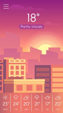 Mobil hava durumu uygulaması şehrin ufuk çizgisinde parçalı bulutlu bir gün batımını gösteriyor. Hava koşullarının ve sıcaklıkların değişken olduğunu gösteren haftalık bir tahminle...