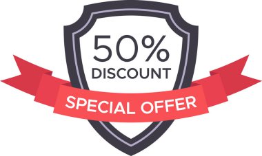 Çarpıcı kırmızı kurdele ve kalkanla vurgulanan% 50 'lik canlı bir indirim sunarak perakende satış ve tasfiye etkinlikleri için etkili bir pazarlama stratejisi geliştirildi.