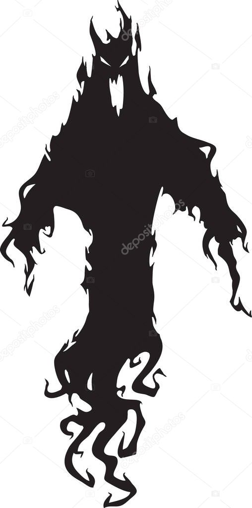 Spooky black silhouette of a scary ghost floating in the air with flames surrounding its body, creating a creepy and eerie atmosphere, perfect for halloween projects