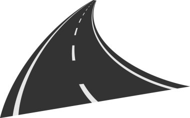 Paved yolu, beyaz çizgili şeritlerle, temiz beyaz arka plana karşı bir yolculuk ve perspektif hissi yaratarak, mesafeye doğru kıvrılıyor.