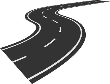 Uzun, dolambaçlı bir yol, bir yolculuk ve macera duygusu yaratıyor, beyaz çizgiler ile şeritleri temiz beyaz bir arka plan üzerinde işaretliyor