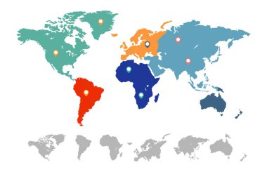 Küresel bağlantıları vurgulayan ve farklı bölgelerin görsel temsilini sağlayan konum iğneli kıtaları gösteren renkli bir dünya haritası