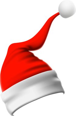 Kırmızı ve beyaz Noel Baba şapkası, biraz sağa doğru eğilmiş beyaz ponpon şapkalı, noel projeleri için harika ve neşeli bir görüntü sağlıyor.