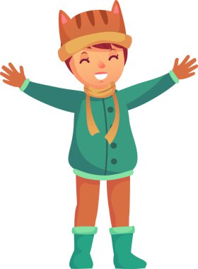 Sıcak bir palto, eşarp, eldiven ve komik bir hayvan şapkası takan neşeli çocuk kollarını açıyor ve gülümsüyor, soğuk havanın tadını çıkarıyor.