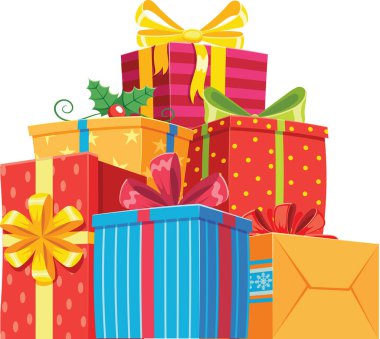 Neşeli bir Noel hediyesi yığını, neşeli kurdeleler, şık fiyonklar ve şenlikli kutsal yapraklarla süslenmiş, neşeli ve davetkar bir tatil atmosferi yaratıyor.