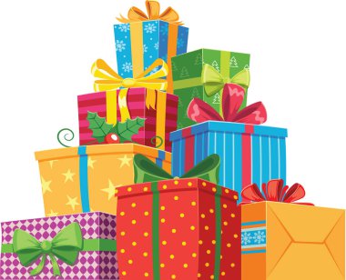 Canlı renkler ve şenlikli desenler, neşeli bir yığın Noel hediyesini dolduruyor, kurdele ve fiyonklarla süslenmiş, neşeli bir tatil atmosferi yaratıyor.