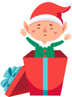 Neşeli Noel elfleri canlı kırmızı bir hediye kutusundan çıkıyor, açık mavi bir kurdeleyle süslenmiş, şenlik sezonunu kutlamak için sevinçle el sallıyor.