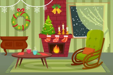 Warm fire crackling in a fireplace, inviting rocking chair, decorated christmas tree, and steaming mugs create a cozy holiday atmosphere in a festive living room clipart