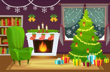 Konforlu bir Noel salonu sahnesi dekore edilmiş bir noel ağacı, çoraplı bir şömine, hediyeler, koltuklar, kitaplık ve karlı bir pencere manzarası, sıcak ve şenlikli bir atmosfer yaratıyor.