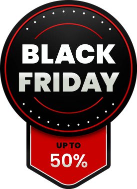 Canlı kırmızı kurdeleli Kara Cuma rozeti, yüzde 50 indirim reklamı, alışveriş etkinliği boyunca heyecan verici anlaşmalar ve satışlar için ideal.