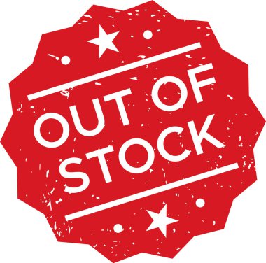 Red grunge style out of stock rubber stamp with stars and lines on a white background, indicating unavailability of a product, sold out items, or inventory depletion clipart