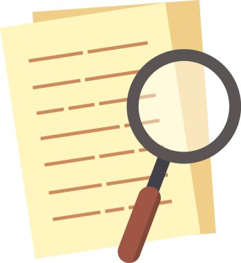 Kağıt bir belgenin üzerinde asılı duran büyüteç, araştırma, analiz ve daha derin anlayış ve içgörü için yazılan içeriğin dikkatli incelemesini temsil ediyor.