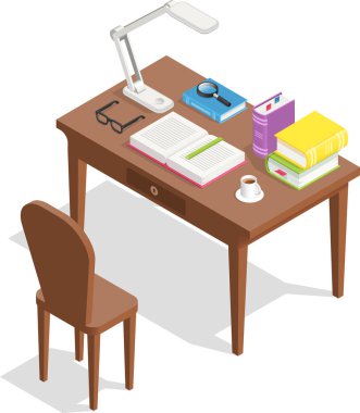 Açık bir kitap, bir yığın kitap, büyüteç, okuma bardakları, kahve fincanları ve masa lambası, sandalyeli ahşap masada uzanıyor, rahat öğrenme ya da çalışma ortamı yaratıyor.