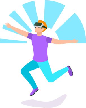 Sanal gerçeklik gözlüğü takan genç adam zıplıyor ve sanal gerçeklik dünyasını tecrübe ediyor, video oyunu oynuyor, simülasyon çalışıyor, gelecekteki yenilikçi teknoloji