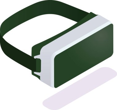 Koyu yeşil lensli Isometric vr gözlükleri ve siyah bantlı beyaz kenarları modern teknolojiyi ve sanal gerçeklik deneyimini temsil eden beyaz arka plana gölge düşürüyor.