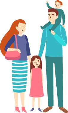 Gülümseyen aile bir portre için poz veriyor, baba oğlunu omuzlarında taşıyor ve kızının elini tutuyor, aile birliği ve mutluluğunu gösteriyor.