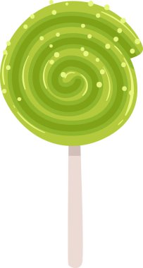 Renkli şekerlemelerle süslenmiş yeşil spiral lolipop, saf beyaz bir zemin üzerinde neşeli bir şekilde dönen, tatlılığın ve neşe dolu ikramların özünü yakalıyor.